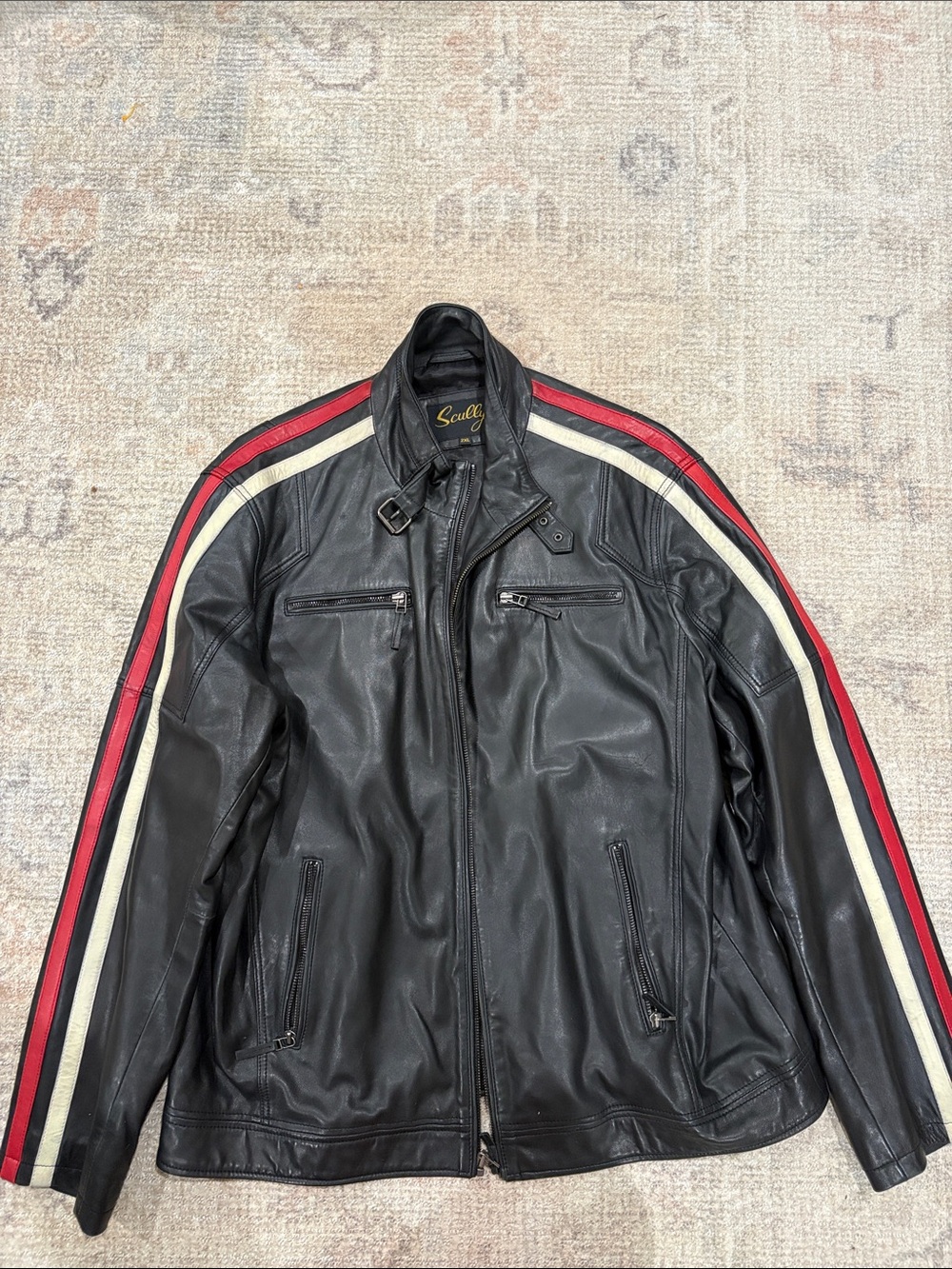 Scully Black Lamb Leather Racing Stripe Moto Jacket Red White Size 2XL